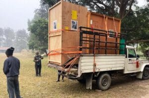 X-ray machine being delivered on the back of a truck to Lalgadh Leprosy Hospital & Services Centre, Nepal